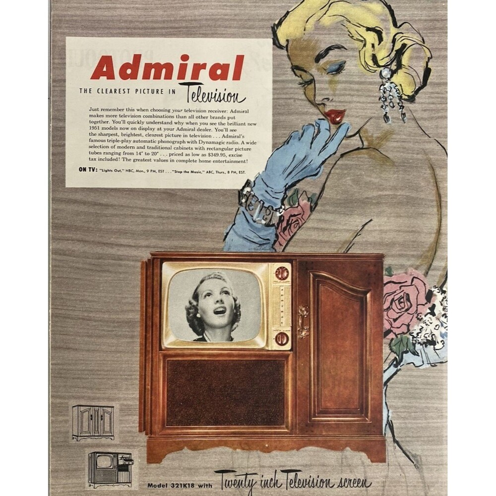 Admiral Television "Model 321K18 20" Television Screen" Vintage Print Ad 1951